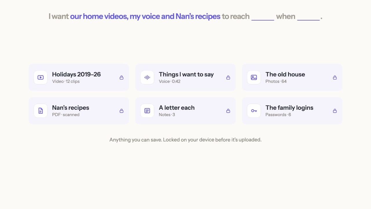 The composer showing items added to an event: holiday videos, recipes, a letter and family logins.