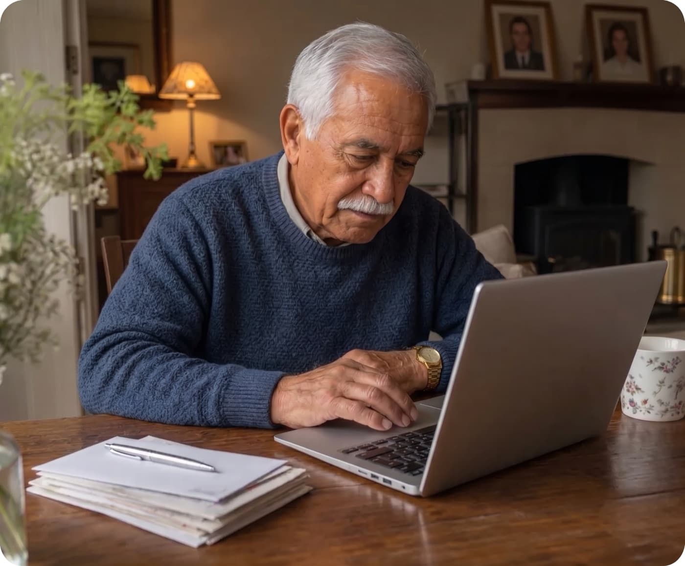 A man in his seventies at his laptop at home, working through a stack of papers.