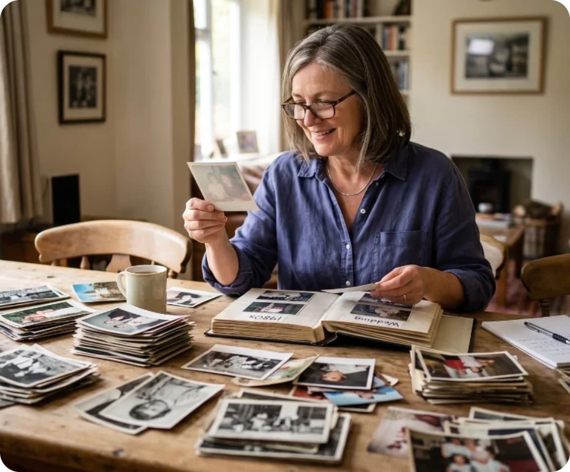 A grandmother at her kitchen table with old photo albums open, mid-story.